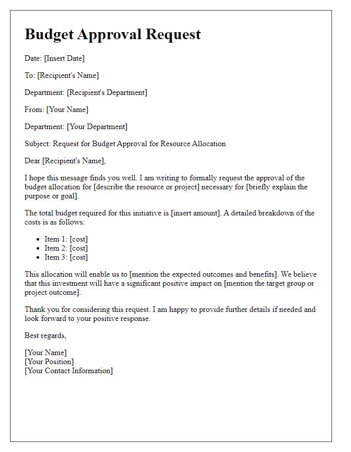 Letter template of budget approval request for resource allocation.