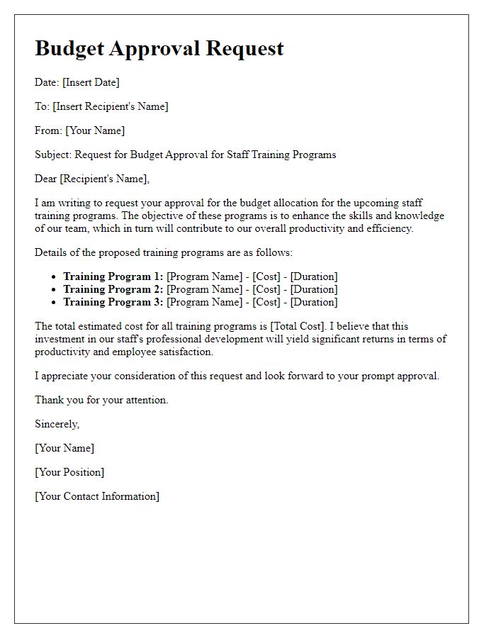 Letter template of budget approval request for staff training programs.