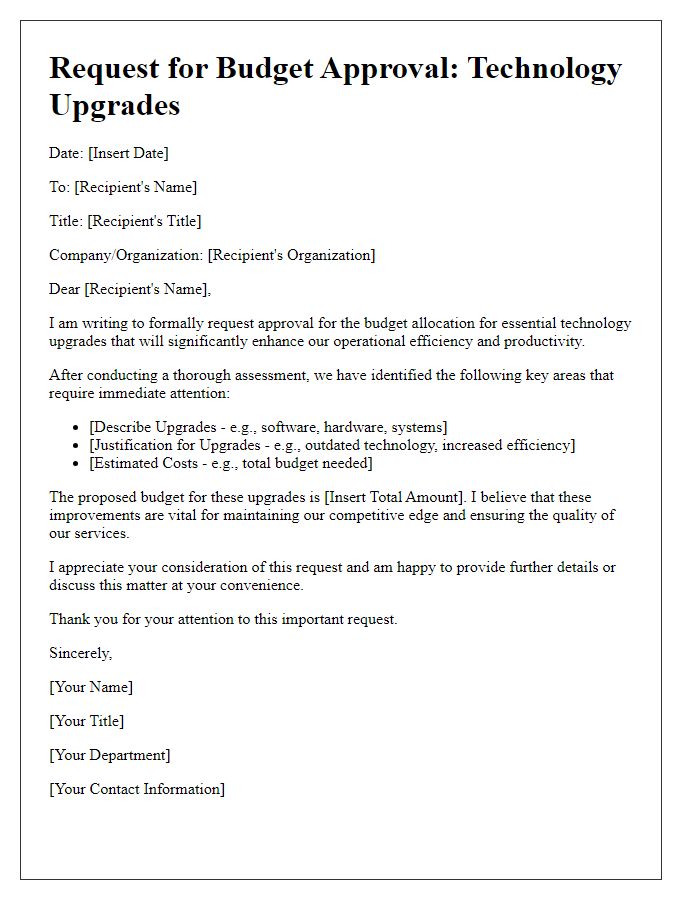 Letter template of budget approval request for technology upgrades.