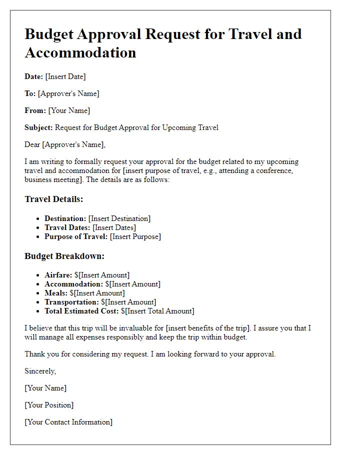 Letter template of budget approval request for travel and accommodation.