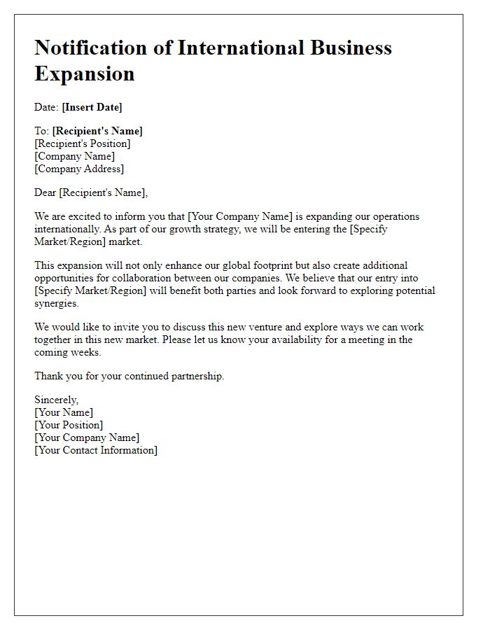 Letter template of international business expansion notification