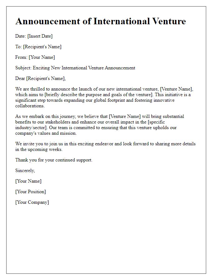 Letter template of international venture announcement