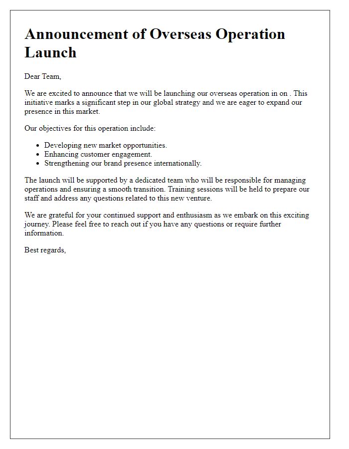 Letter template of overseas operation launch communication