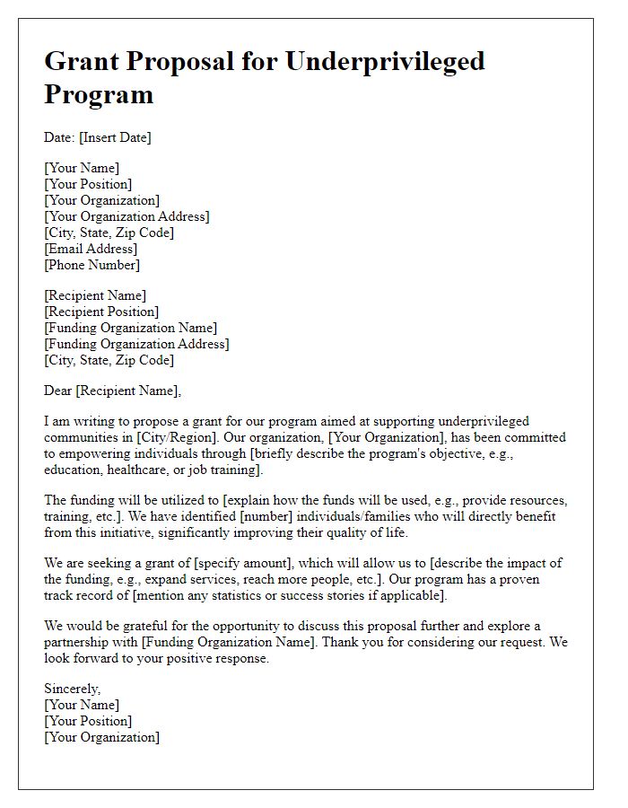 Letter template of grant proposal for underprivileged program