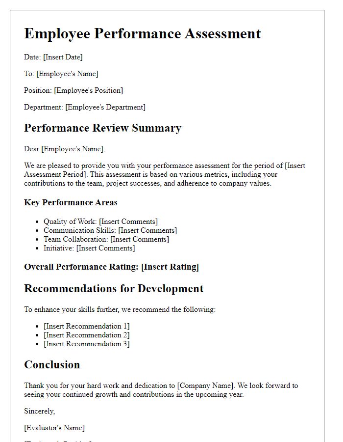 Letter template of employee performance assessment