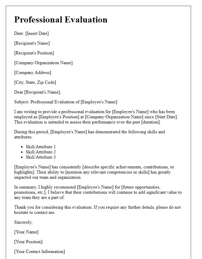 Letter template of professional evaluation