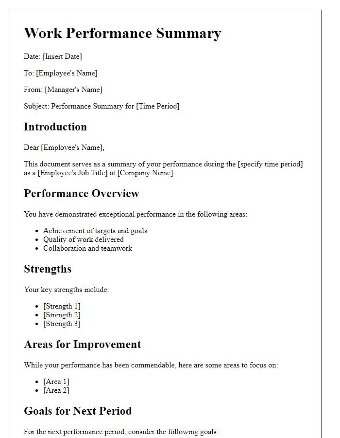 Letter template of work performance summary