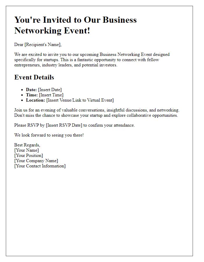 Letter template of Business Networking Event Invitation for Startups