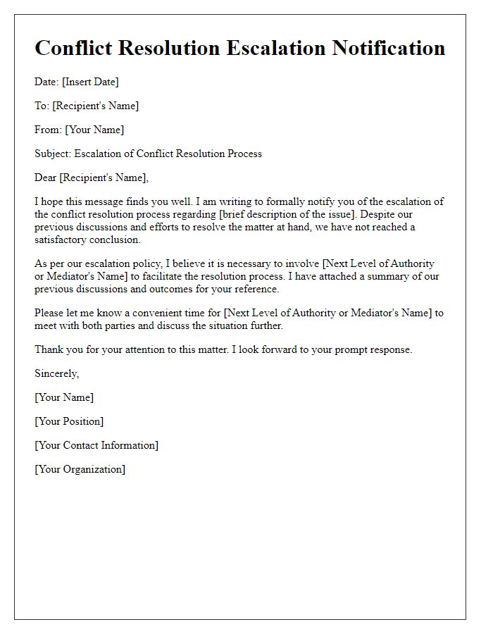 Letter template of conflict resolution escalation notification