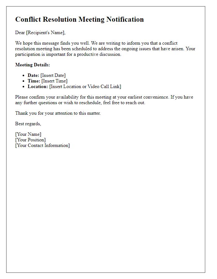 Letter template of conflict resolution meeting scheduling notification