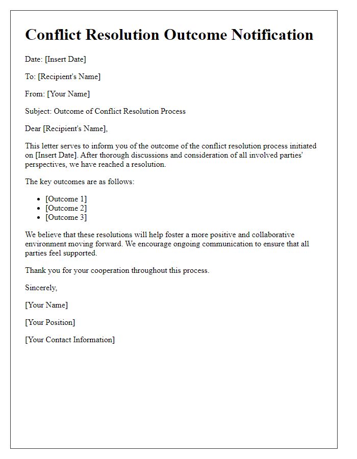 Letter template of conflict resolution outcome notification