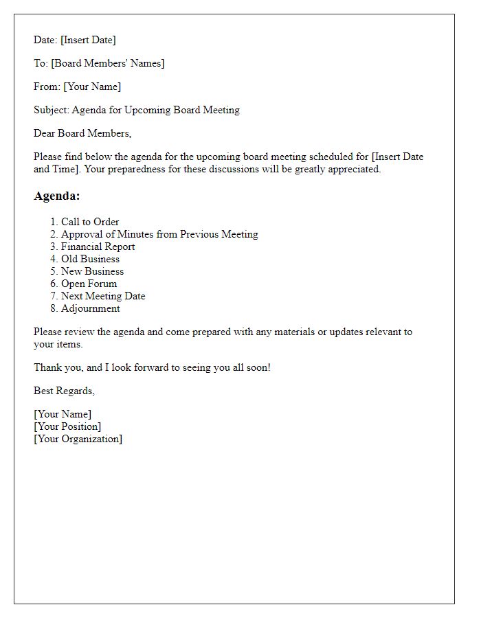 Letter template of agenda distribution for board meeting preparation