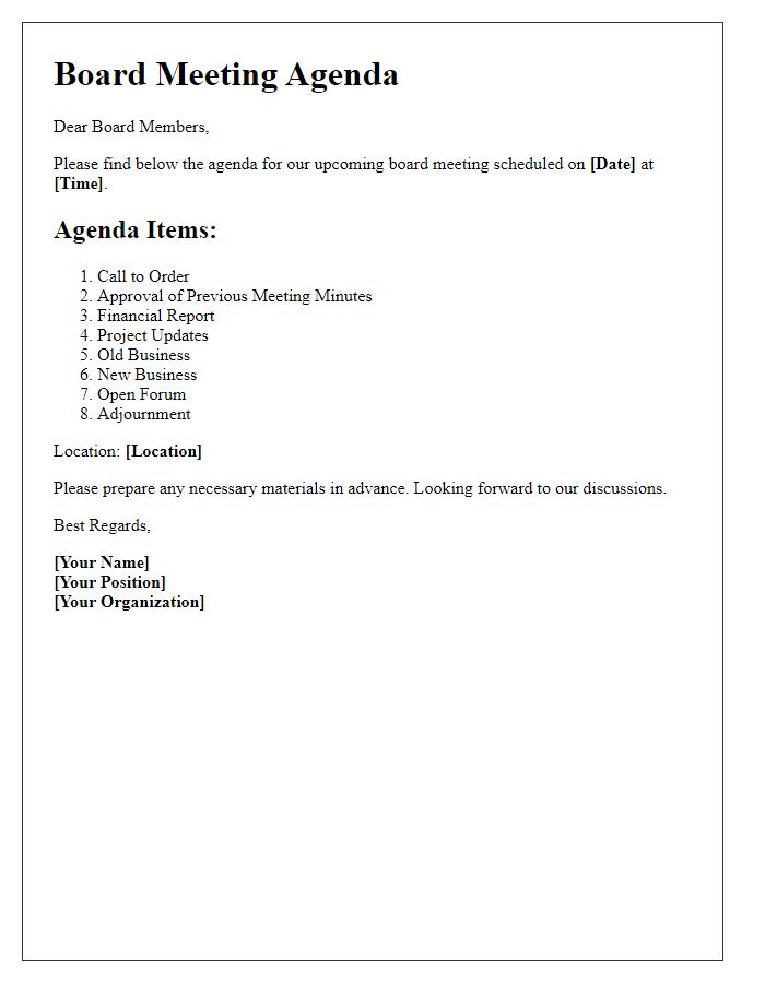 Letter template of agenda sharing for upcoming board meeting