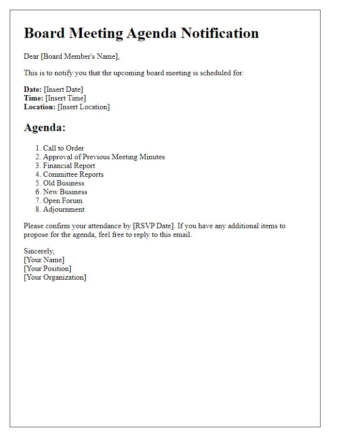 Letter template of board meeting agenda notification