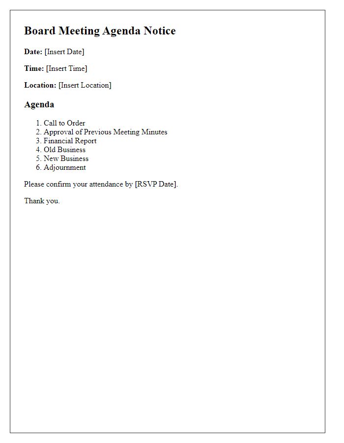 Letter template of concise board meeting agenda notice