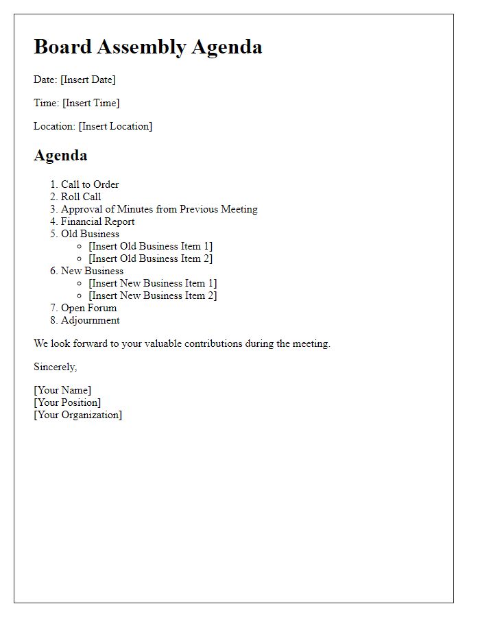 Letter template of formal agenda communication for board assembly