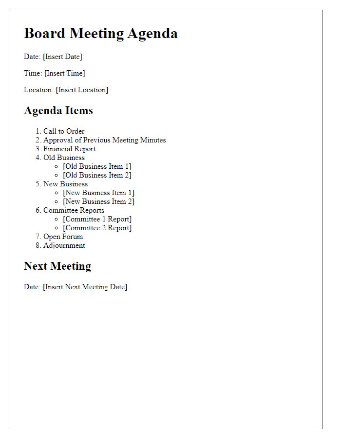 Letter template of meeting agenda outline for board discussion