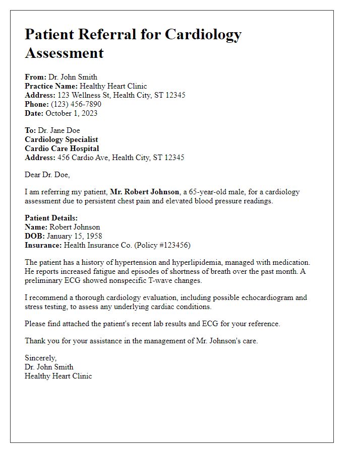 Letter template of patient referral for cardiology assessment