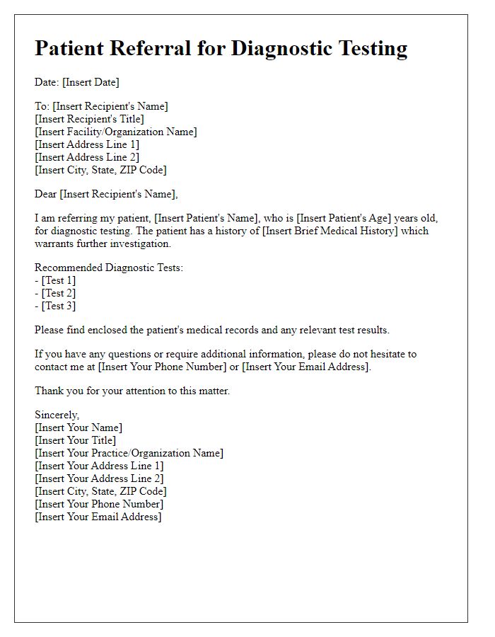 Letter template of patient referral for diagnostic testing