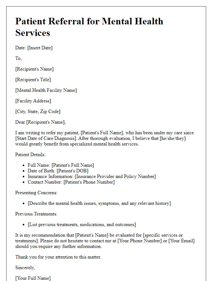 Letter template of patient referral for mental health services