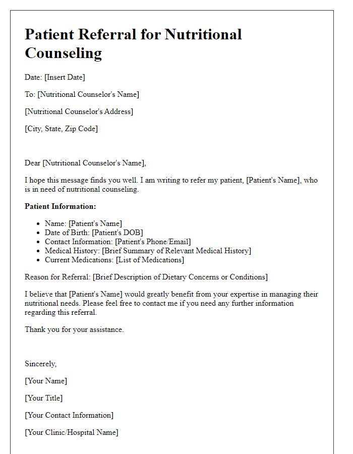 Letter template of patient referral for nutritional counseling