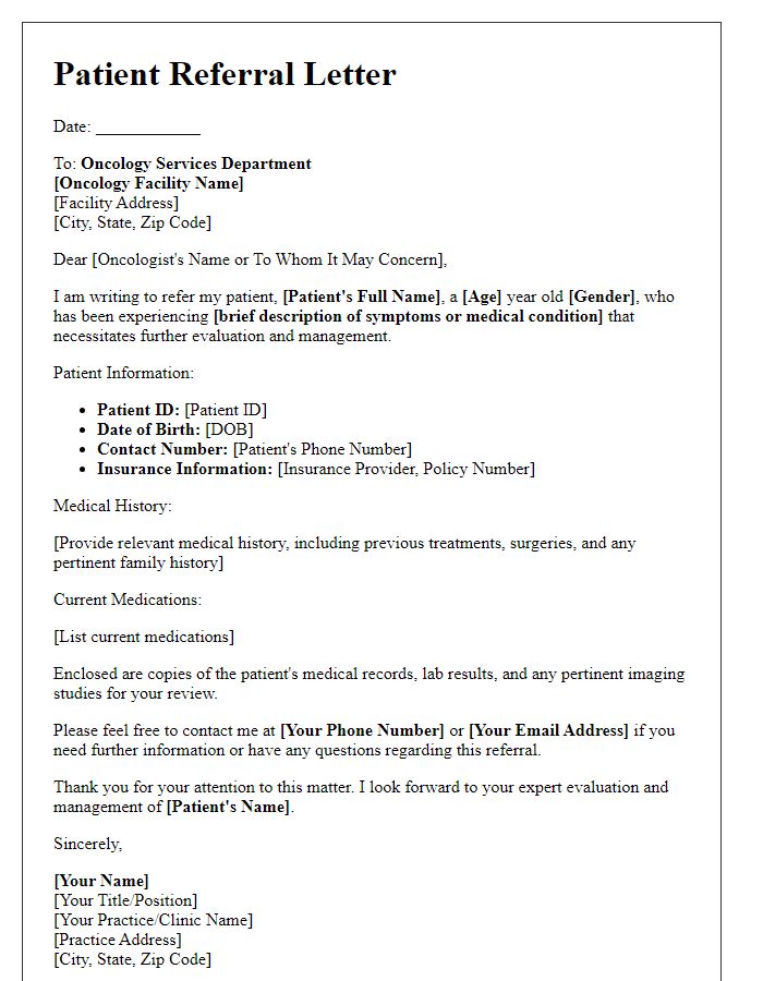 Letter template of patient referral for oncology services