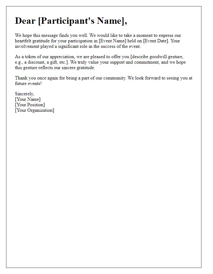 Letter template of goodwill gesture for event participants.