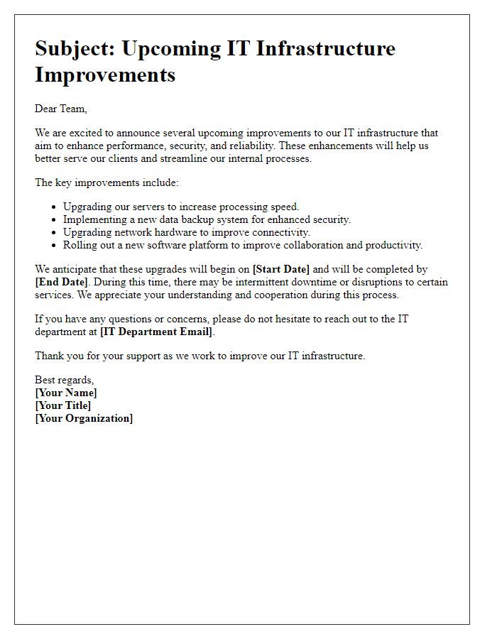 Letter template of IT infrastructure improvement communication