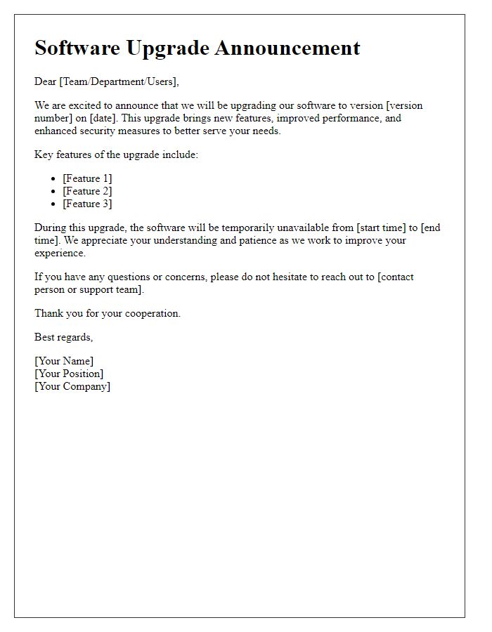 Letter template of software upgrade announcement