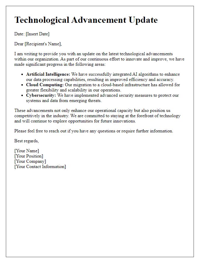 Letter template of technological advancement update