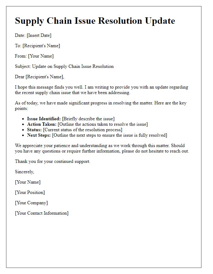 Letter template of supply chain issue resolution update.