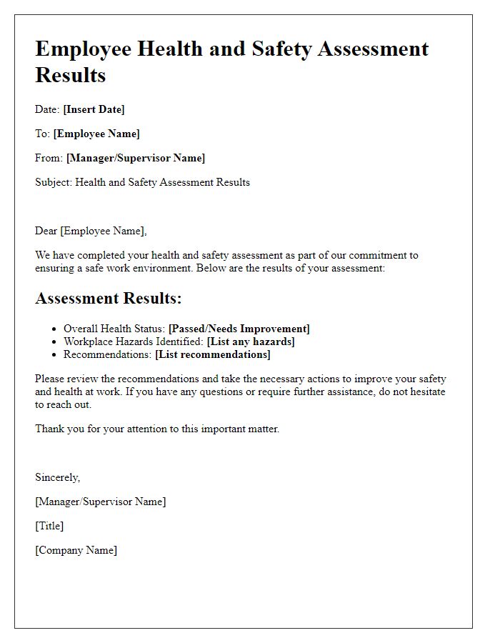 Letter template of employee health and safety assessment results