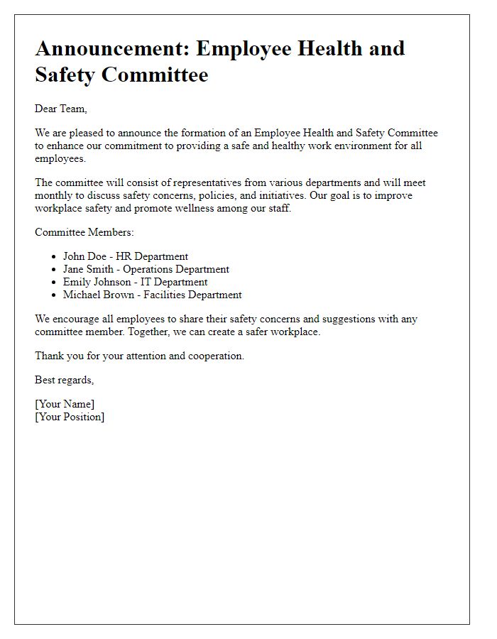 Letter template of employee health and safety committee announcement