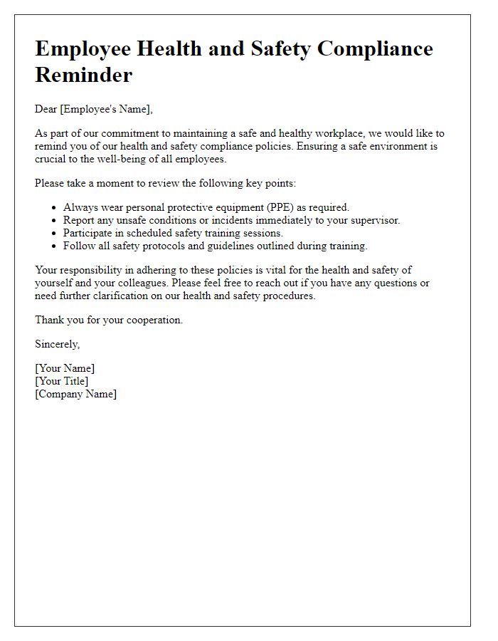 Letter template of employee health and safety compliance reminder