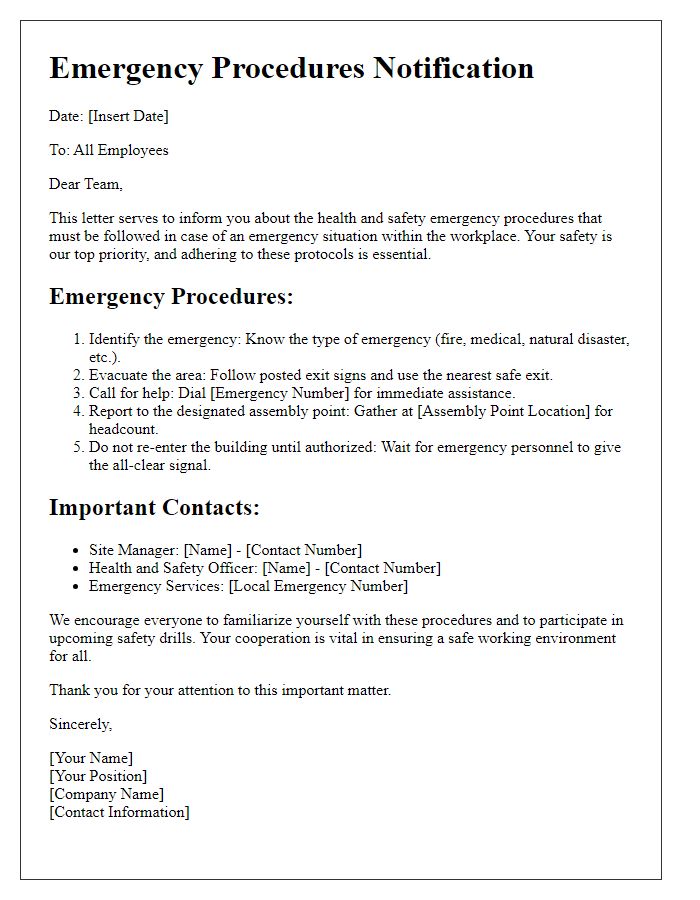 Letter template of employee health and safety emergency procedures