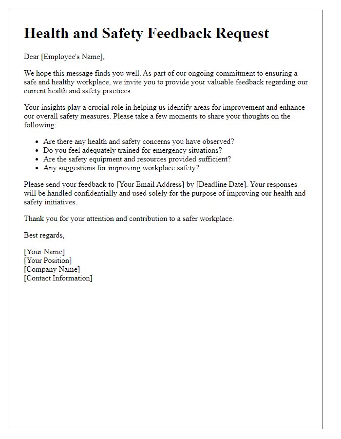 Letter template of employee health and safety feedback request