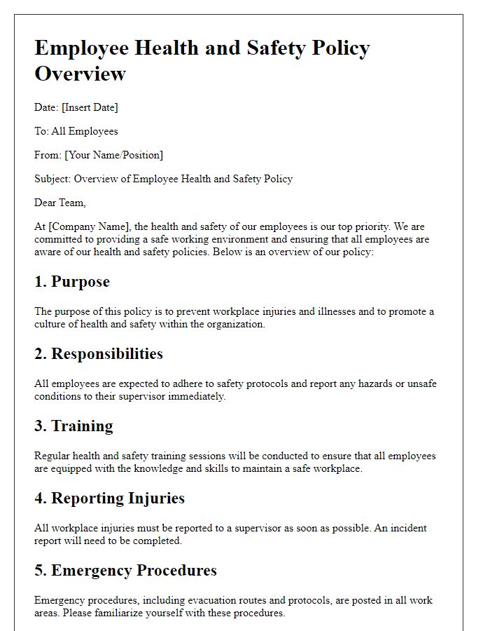 Letter template of employee health and safety policy overview