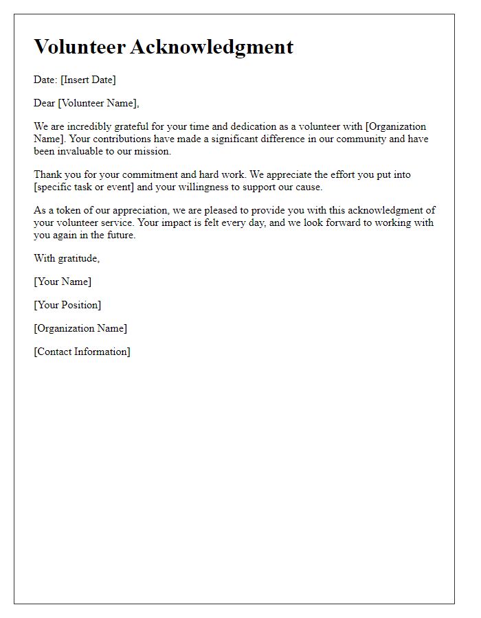 Letter template of Volunteer Acknowledgment Program