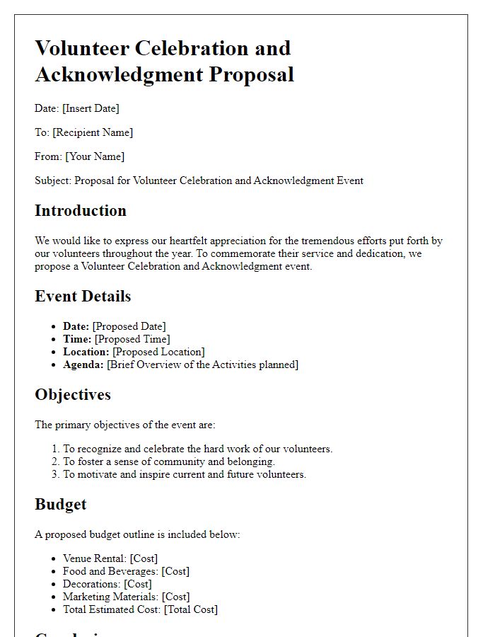 Letter template of Volunteer Celebration and Acknowledgment Proposal