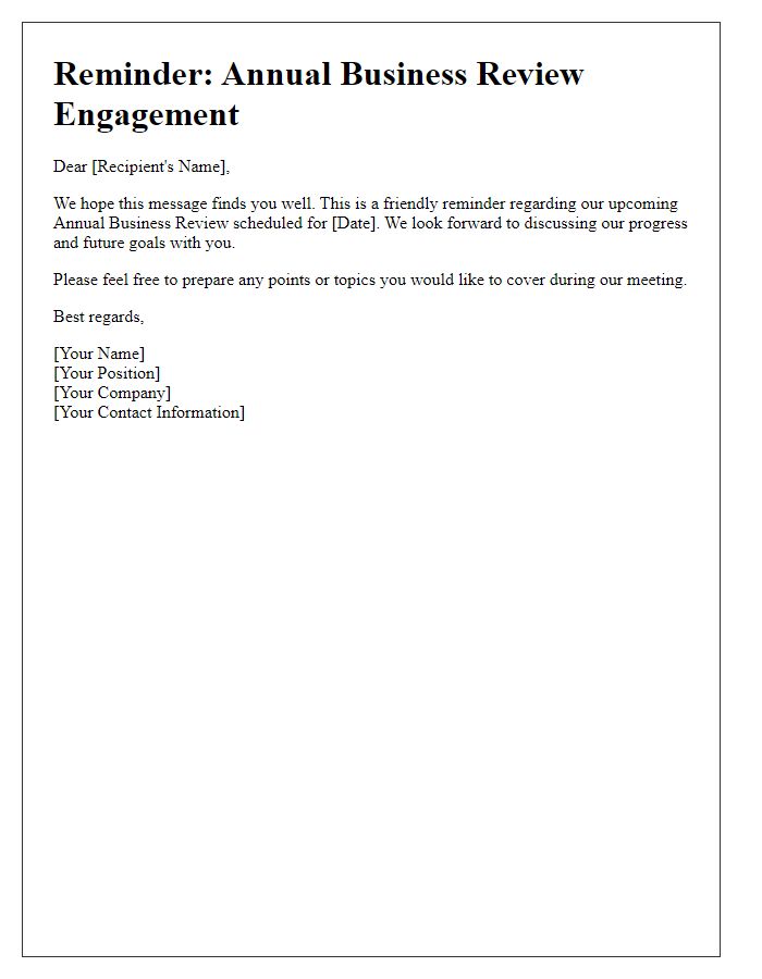 Letter template of Reminder for Annual Business Review Engagement