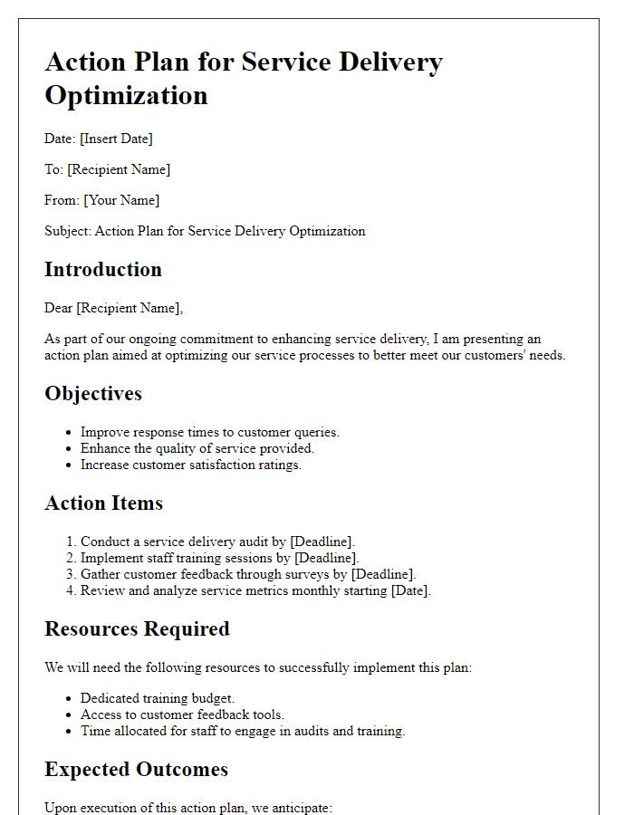 Letter template of action plan for service delivery optimization