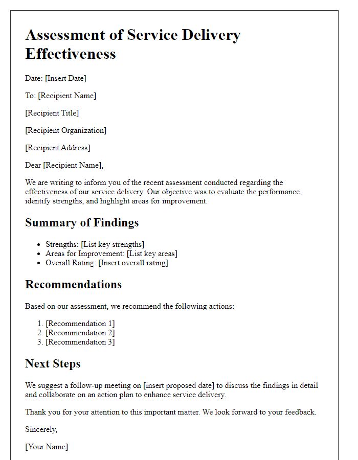 Letter template of assessment for service delivery effectiveness