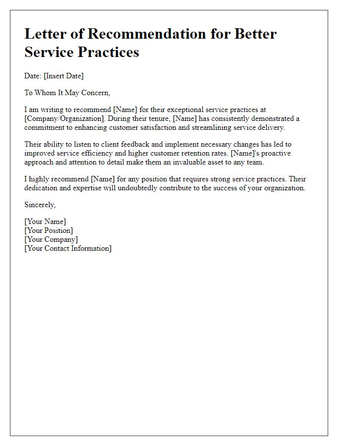 Letter template of recommendation for better service practices