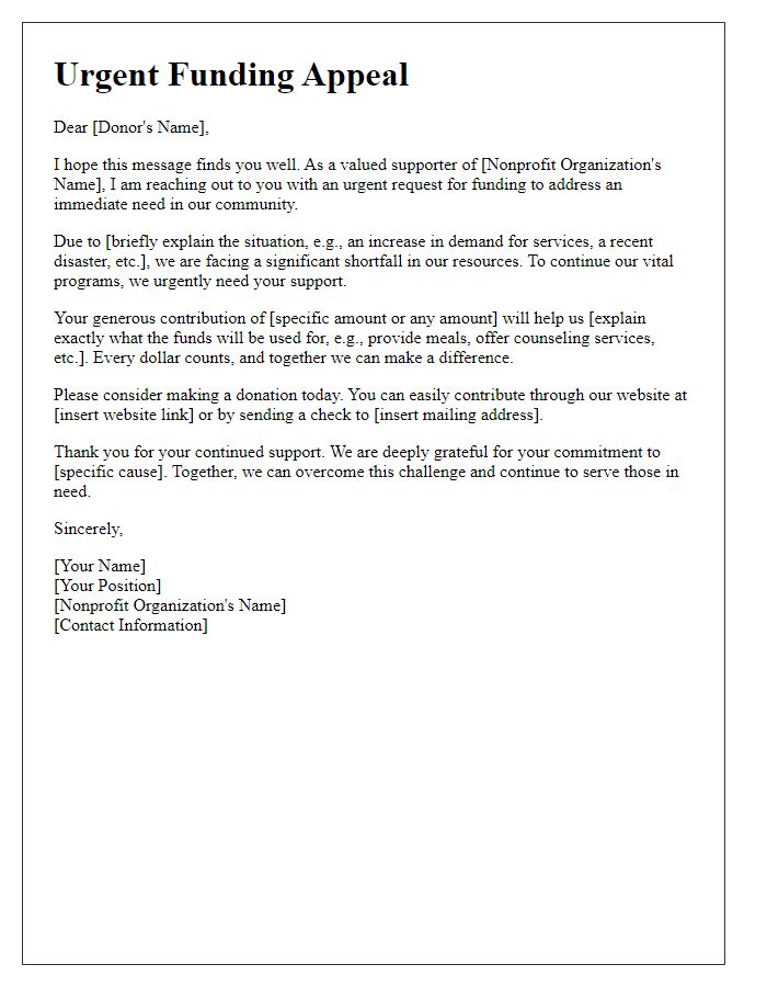 Letter template of urgent nonprofit funding appeal