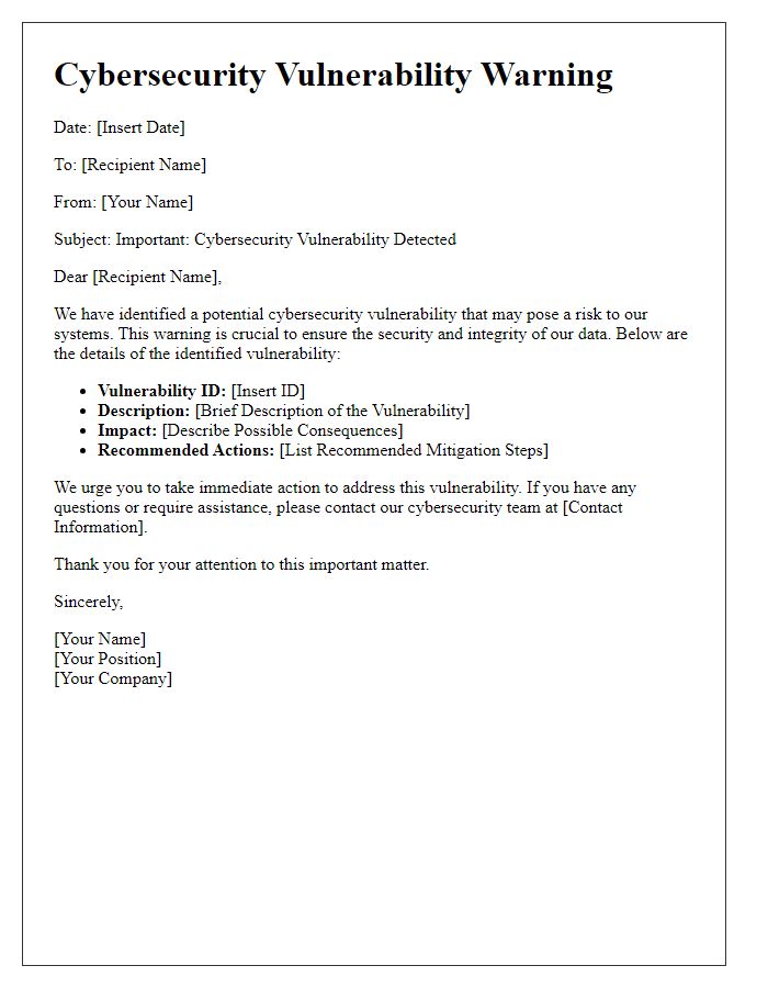 Letter template of Cybersecurity Vulnerability Warning