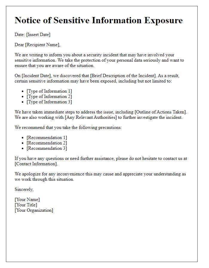 Letter template of Sensitive Information Exposure Notice