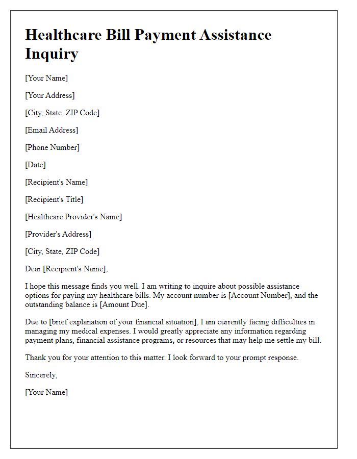 Letter template of healthcare bill payment assistance inquiry