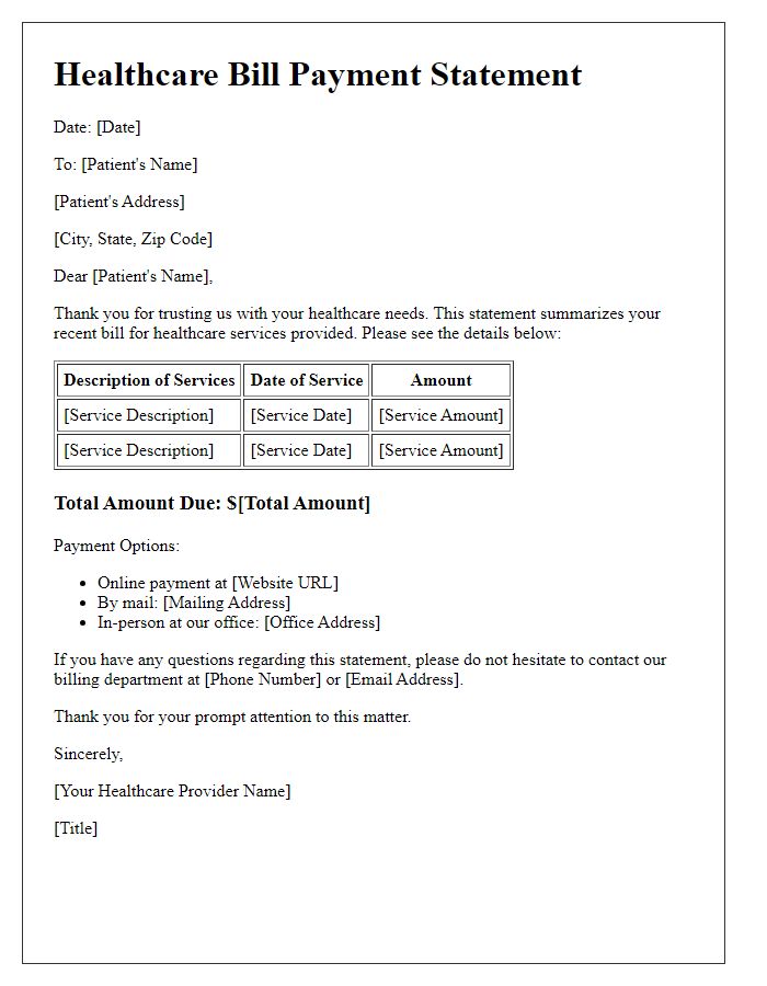 Letter template of healthcare bill payment statement