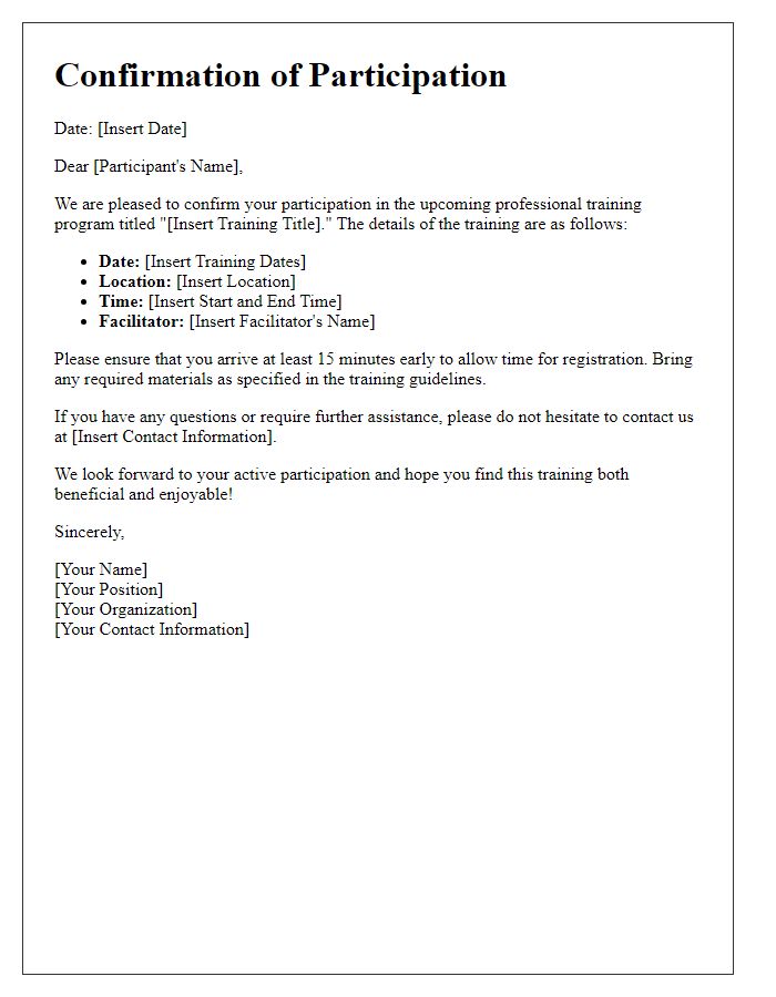 Letter template of confirmation for professional training participation