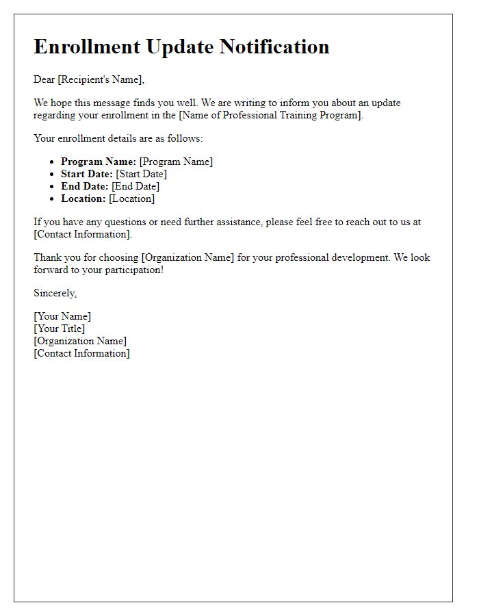 Letter template of enrollment update for professional training